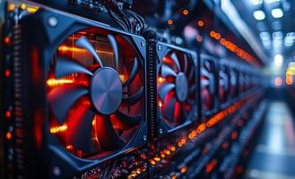 Cooling systems operate in a data center. Cooling fans keep the data center at optimal temperature for servers and tech equipment. photo