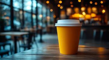 Warm coffee cup in cozy cafe setting. A bright yellow coffee cup sits on a wooden table in a warm, inviting cafe with soft lighting and a relaxed atmosphere. photo