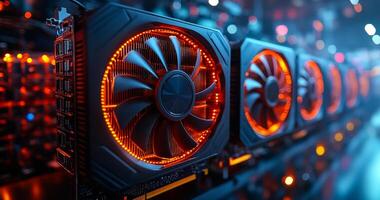 Data center graphics cards. Multiple graphics cards with illuminated fans are displayed in a high-tech data center, showcasing advanced technology. photo