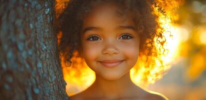 Joyful child smiling near tree at sunset. A cheerful child with curly hair stands by a tree, smiling brightly with a warm sunset backdrop creating a magical glow. photo