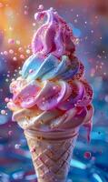 Sprinkle-topped ice cream cone. A vibrant ice cream cone showcases pink and blue swirls, adorned with colorful sprinkles, against a blurred backdrop. photo