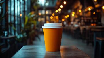 Coffee cup on wooden table. A vibrant orange coffee cup sits on a wooden table in a cozy cafe filled with warm lighting and greenery. photo