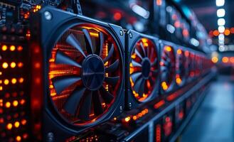 Crypto miner cooling system. Fans spin rapidly, emitting a warm glow, while powerful machines operate in a dark mining facility. photo