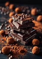 Dark chocolate with truffles. A stack of dark chocolate bars surrounded by cocoa powder and chocolate truffles on a dark surface. photo