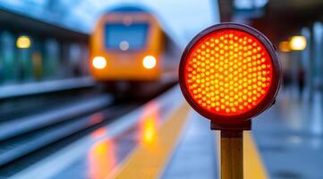 Evening red alert at station. A bright red signal stands at a train station as a train approaches in the evening light, indicating a stop. photo