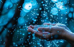 Hands catching droplets in soft rain. Water droplets splash into open hands against a soft blue backdrop, creating a serene moment of connection. photo