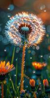 Dandelion glistening at sunset. A dandelion sparkles with dew among vibrant flowers at sunset, creating a serene and enchanting scene. photo