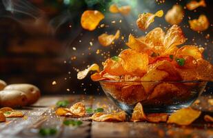 Crispy potato chips flying from a bowl. Deliciously fried potato chips tumble from a glass bowl, scattering seasoning on a rustic wooden table. photo