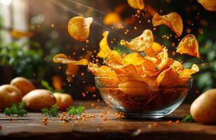 Crispy potato chips flying from bowl. Golden potato chips are airborne above a glass bowl surrounded by fresh potatoes and scattered seasonings. photo