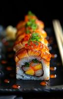 Sushi roll with seafood and toppings. Colorful sushi roll displayed on a black plate, topped with fish roe and garnished with green onions. photo