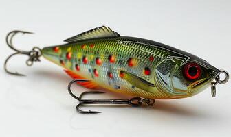 Bright lure on plain backdrop. A vibrant fishing lure showcasing bright colors and realistic details, designed for attracting fish during angling. photo