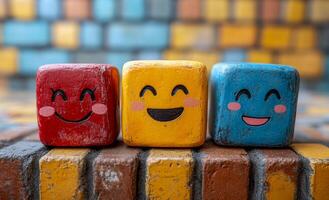Vibrant happy color blocks. Three cheerful blocks in red, yellow, and blue sit on a colorful tiled background, radiating joy and playfulness. photo