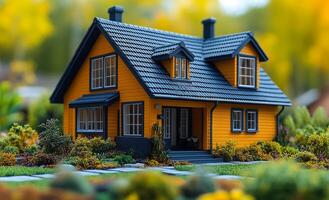 Orange house with garden path. A cozy orange house with a well-kept garden and pathway surrounded by trees during a sunny day in autumn. photo