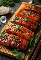 Honey-glazed salmon platter. Honey-glazed salmon fillets on a bamboo mat, topped with herbs and sesame seeds for a colorful presentation. photo