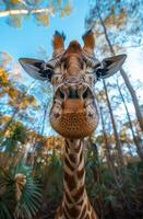 Giraffe curiously gazes trees. A giraffe stands among lush foliage, looking directly at the viewer under a bright blue sky filled with trees. photo