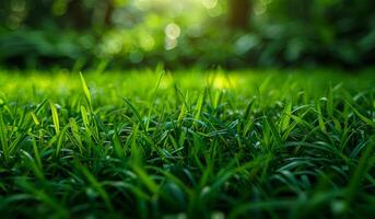 Lush green grass in tranquil setting. Vibrant green grass stretches across the ground, glimmering in the sunlight, surrounded by blurred trees and foliage. photo