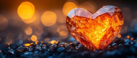 Heart gem glowing on dark. A heart-shaped gem radiates warm orange light on a textured dark background, creating a striking contrast. photo