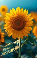Bright sunflower in a vibrant field. A single sunflower stands tall in a colorful field, basking in sunlight during a summer afternoon. photo