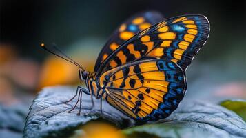 Vibrant butterfly resting on a leaf. A brightly colored butterfly with orange and blue wings rests on a green leaf in a natural setting during daylight. photo