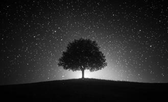 Stars twinkle by a lone tree. A solitary tree stands on a hill under a blanket of shining stars, creating a serene nighttime atmosphere. photo