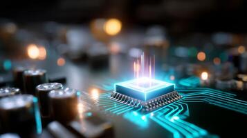Complex microchip glowing in a high-tech circuit board at night showcasing advanced technology and intricate design photo