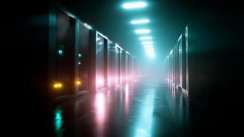 Lighting effects illuminate a corridor lined with high-tech server racks in a data center photo
