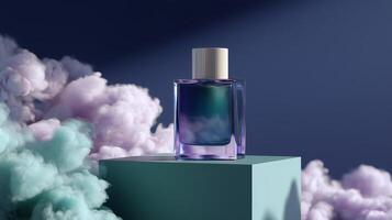 Elegant perfume bottle surrounded by colorful clouds in a modern setting showcasing contemporary design and artistry photo