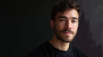Young man with beard poses for a portrait against a dark background in a well-lit indoor setting photo