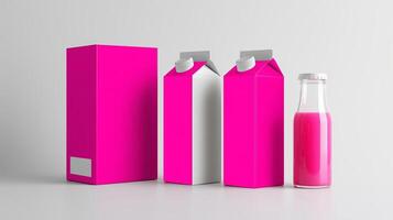 Bright pink beverage packaging displayed on a neutral background featuring cartons and a glass bottle photo