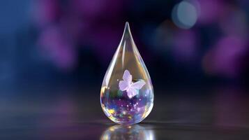 Delicate butterfly encased in a crystal droplet on a blurred colorful background photo