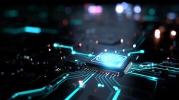 Innovative microprocessor technology demonstrating advanced circuitry in a digital environment with illumination effects photo