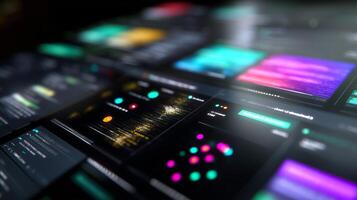 Digital display showcasing data analysis and visualization tools in a tech workspace with vibrant colors photo