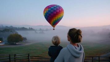 Mother and child enjoy colorful hot air balloon ride during misty dawn in serene landscape photo