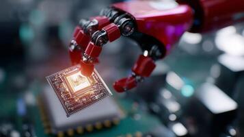 Robotic arm picks up microchip in high-tech laboratory setting at night photo