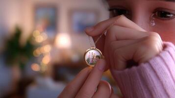 Woman holding a locket with a cherished family portrait, showcasing a moment of nostalgia and emotion during a cozy evening photo