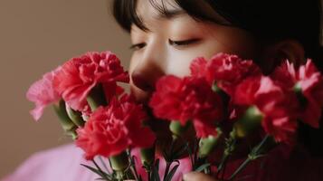 Young woman enjoys vibrant red carnations while posing with a thoughtful expression in a soft-lit room photo