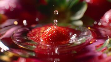 Strawberry creates splash in fresh water during bright afternoon, showcasing vibrant colors and texture photo