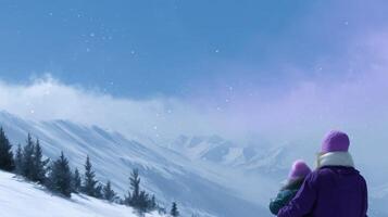 Family enjoys a snowy mountain day while taking in the breathtaking winter landscape under a clear blue sky photo