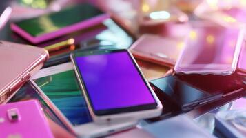 Pile of smartphones in various colors on a table showcasing modern technology and design in a vibrant setting photo