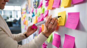 Creative brainstorming session using colorful sticky notes in a modern office setting during the afternoon photo