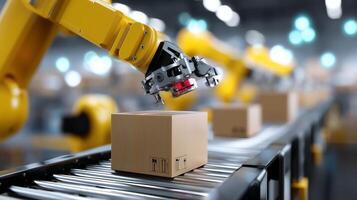 Robotic arm sorting packages on a conveyor belt in a modern warehouse during daytime operations photo