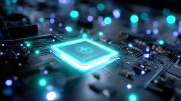 Exploring the intricate details of a modern circuit board with glowing components and a bright processor at night photo