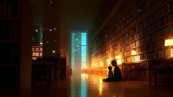Child and adult share a quiet moment in a serene library filled with warm lights and towering bookshelves photo