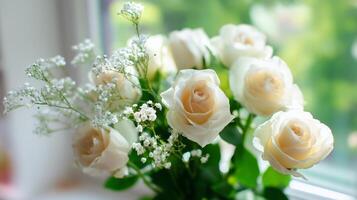 Beautiful white roses arranged elegantly in a bright room filled with natural light during the daytime photo