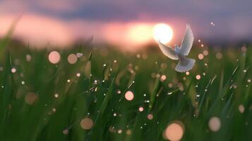 White dove flying over a grassy field during sunset with soft light bokeh effect photo