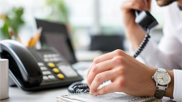 Professional engaging in a phone call while taking notes in a busy office environment during daytime photo
