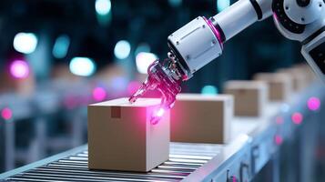 Robotic arm sorting cardboard boxes in a modern warehouse during day shift operations photo
