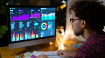 Data analyst working late at night with colorful charts and graphs displayed on a large computer monitor in a modern office photo