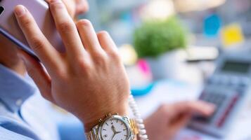 Business professional engaged in a phone call while using a calculator in a bright office environment photo