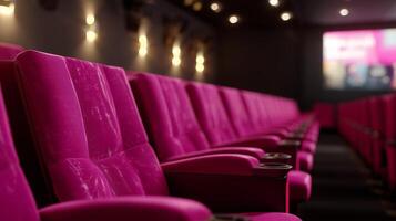 Plush pink theater seats in a modern cinema waiting for viewers before the movie starts photo